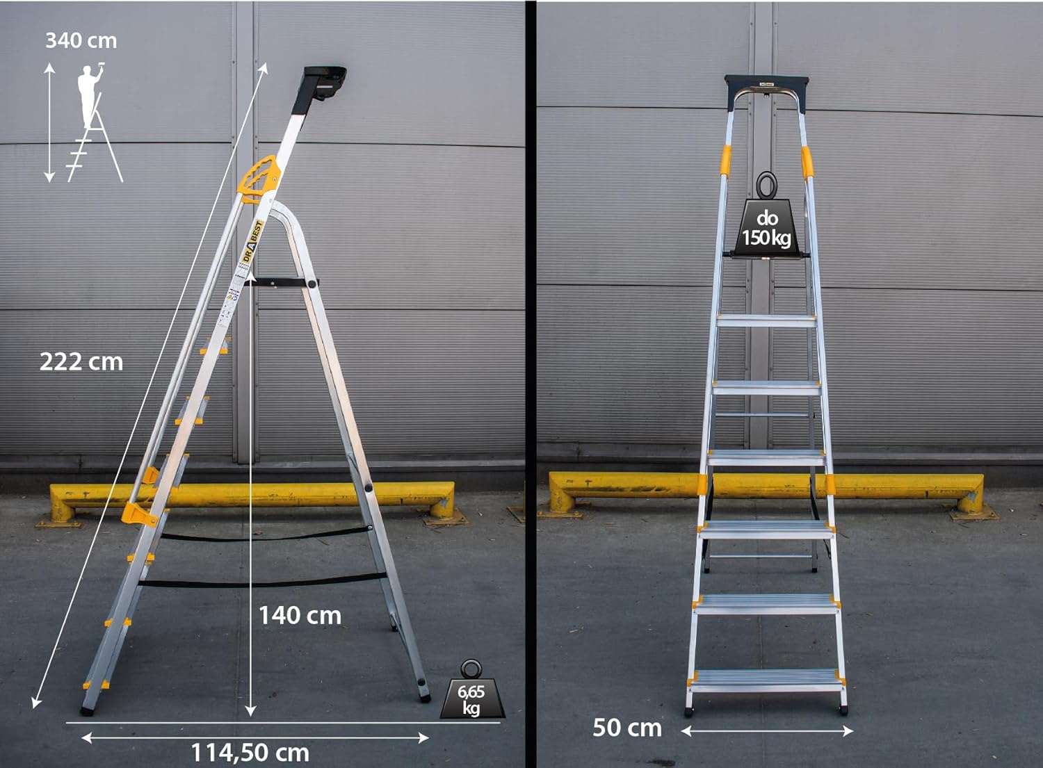 ÉCHELLES SÉRIES Pro Escabeau Ménager 7 Marches en Aluminium avec Mains Courantes 150 KG Escabeau en Aluminium Echelle Multifonctions - 50X217X12 cm
