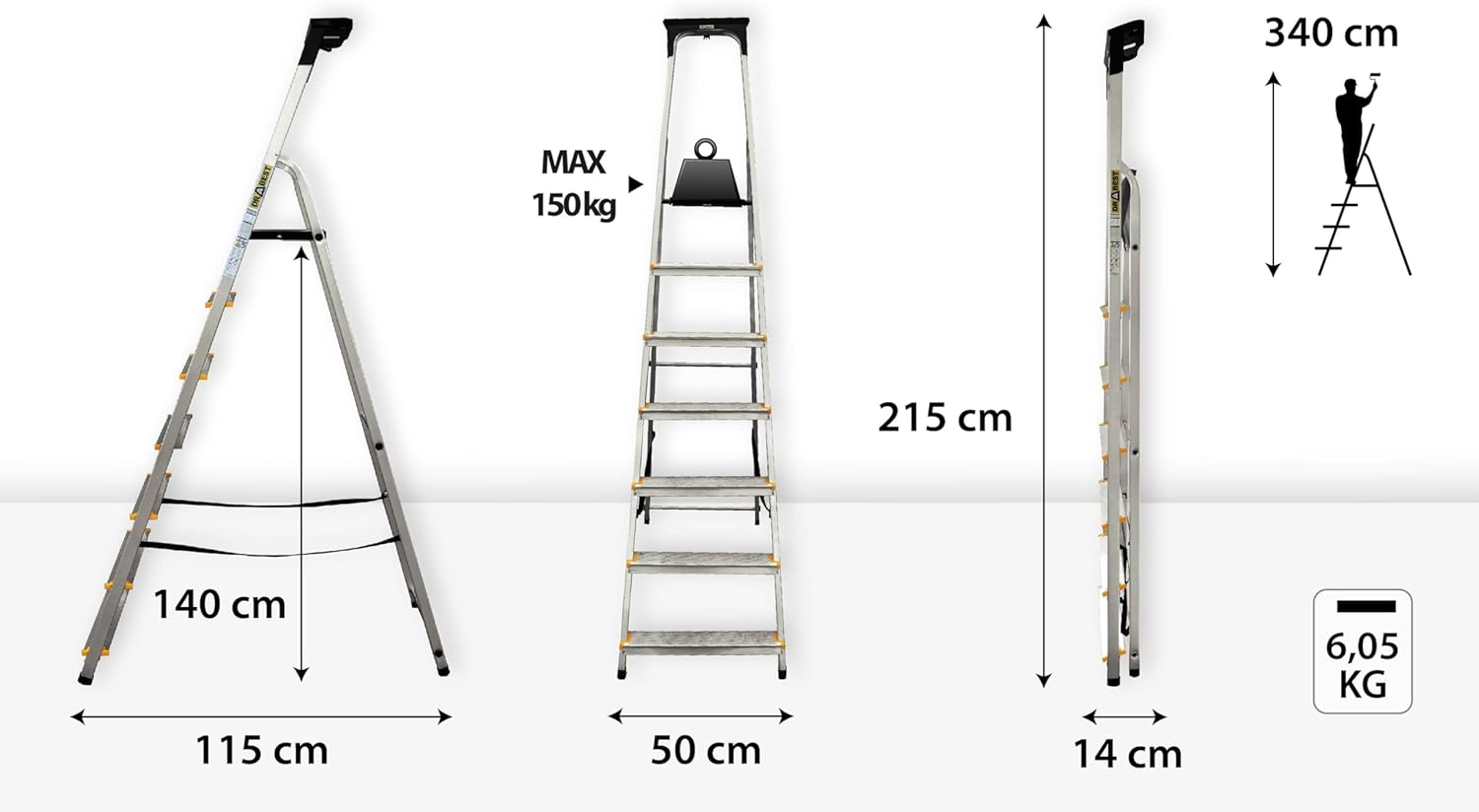 Escabeau en Aluminium 7 Marches 150 KG - Escabeau en Aluminium avec Pieds Antidérapants Et Plate-Forme De Travail - Echelles Multifonctions - 50 X 215 X 12 Cm