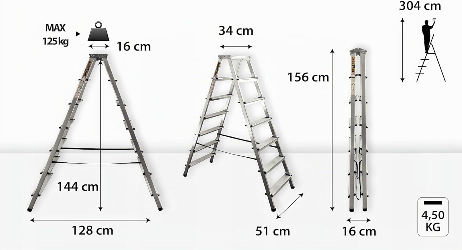 Escabeau 7 Marches en Aluminium Double Face Capacité 125 KG - Escabeau avec Plate-Forme De Travail - Echelles Multifonctions - 51 X 155 X 16 Cm 2x7 marches