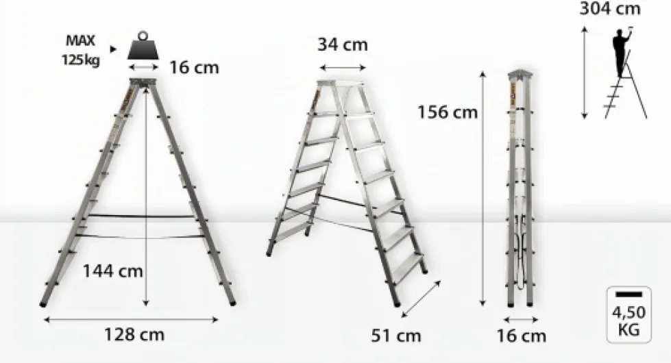 Escabeau 7 Marches en Aluminium Double Face Capacité 125 KG - Escabeau avec Plate-Forme De Travail - Echelles Multifonctions - 51 X 155 X 16 Cm 2x7 marches