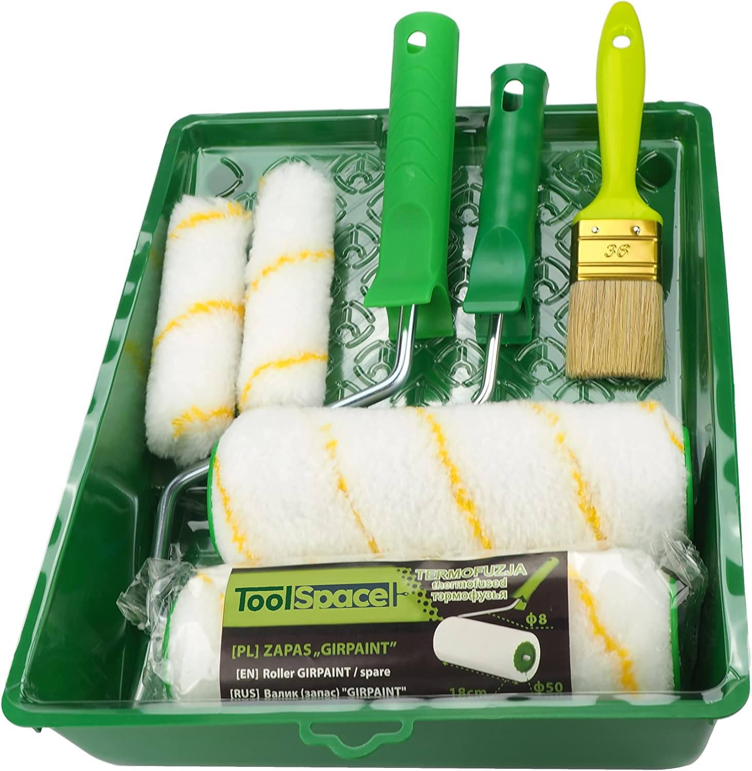 9 Pièces Rouleau Kit - 2 x 18 cm et Mini Rouleaux 2 x 11 cm avec Manche - Pinceau 2 x 36 mm avec Bac - pour Peinture Murale Interieur Mur - Outils pour Application Crepi Sous Couche Plafond
