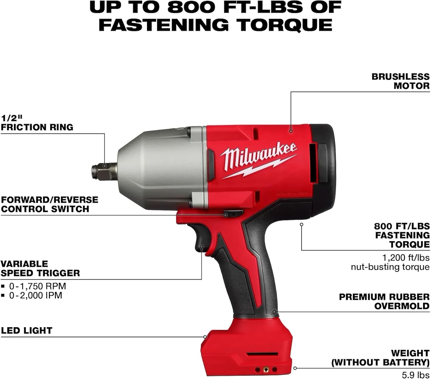 Milwaukee 2666-20 M18 Clé à Chocs à Couple élevé sans balais 1,27 cm avec Bague de Friction