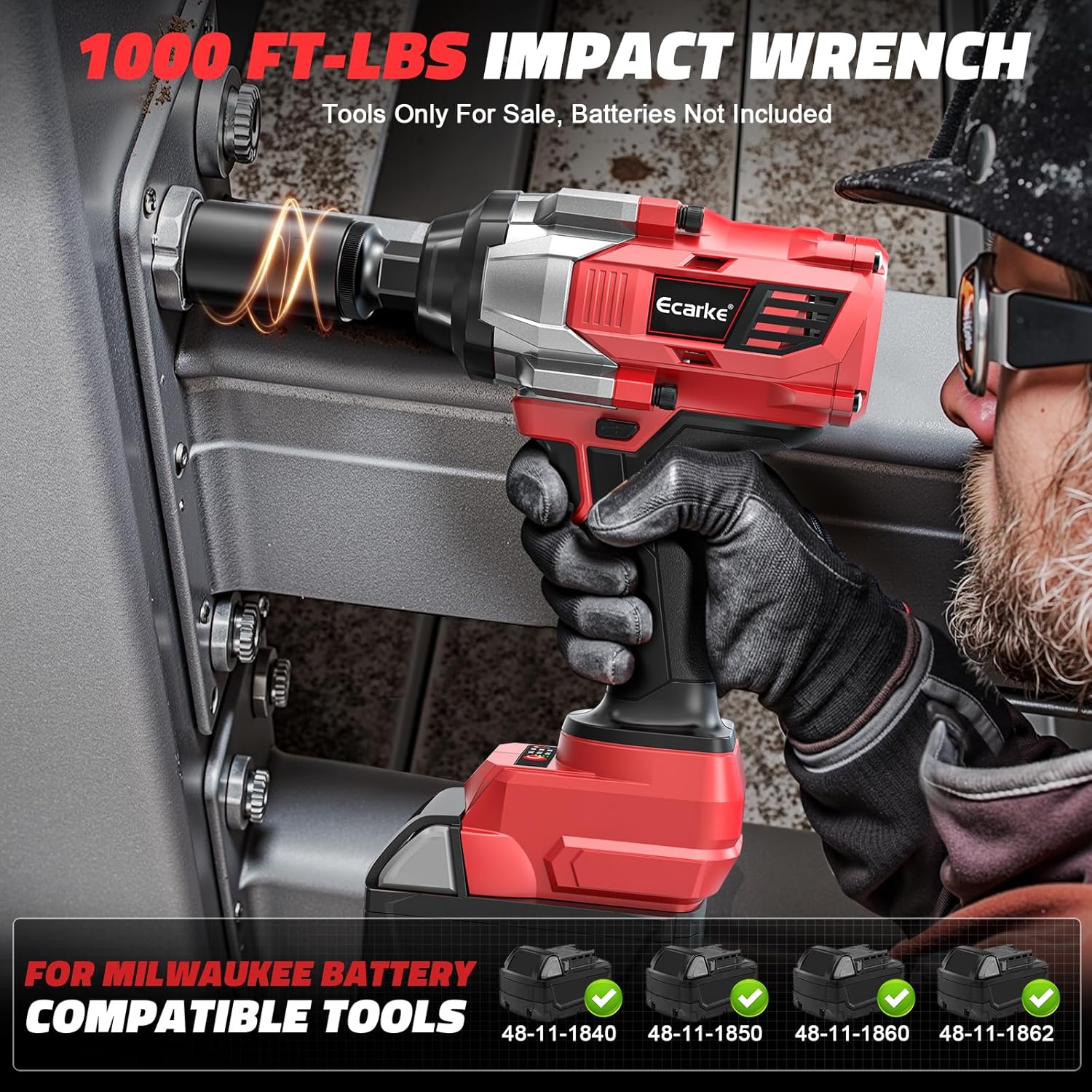 Boulonneuse à Chocs Sans Fil 1400 Nm, Compatible avec Mil-Waukee 18V Lithium, Clé à Chocs Brushless 1/2", pour écrous de Roue, échafaudage et Entretien Automobile(Outils Uniquement)-Rouge 1400 Nm pour Milwaukee