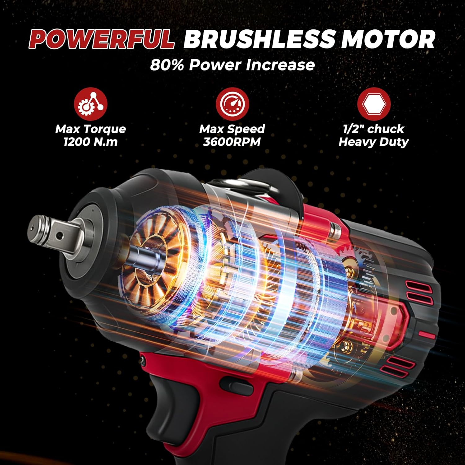 Clé à Chocs Sans Fil pour Milwaukee 18 V, 1200 N·m Visseuse a Choc Brushless 1/2", Boulonneuse a Choc Electrique avec 5 modes de vitesse, 5 douilles pour voiture maison DIY Rouge, pour Milwaukee