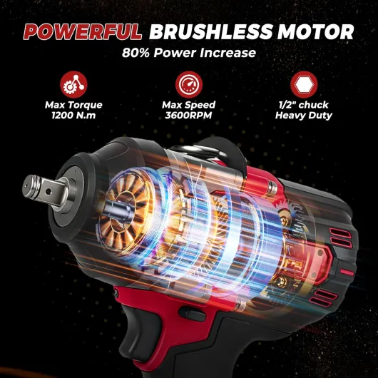 Clé à Chocs Sans Fil pour Milwaukee 18 V, 1200 N·m Visseuse a Choc Brushless 1/2", Boulonneuse a Choc Electrique avec 5 modes de vitesse, 5 douilles pour voiture maison DIY Rouge, pour Milwaukee