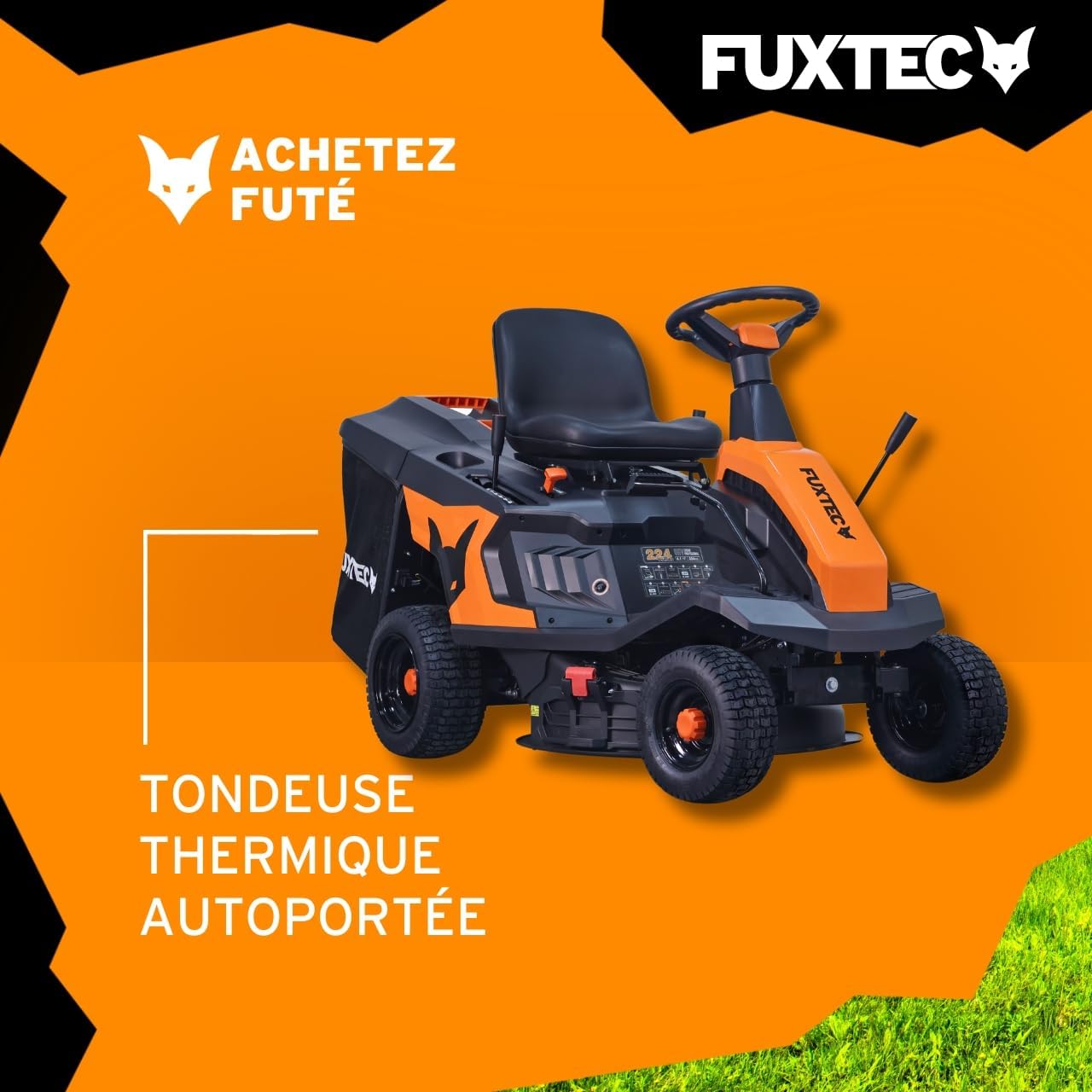 Tondeuse Thermique autoportée FUXTEC FX-RMR66, Tracteur de pelouse eStart, 2500 m2, Largeur de Coupe 66 cm, 6 CV, bac 150 L, Hauteur de Coupe réglable, pour Grandes Surfaces