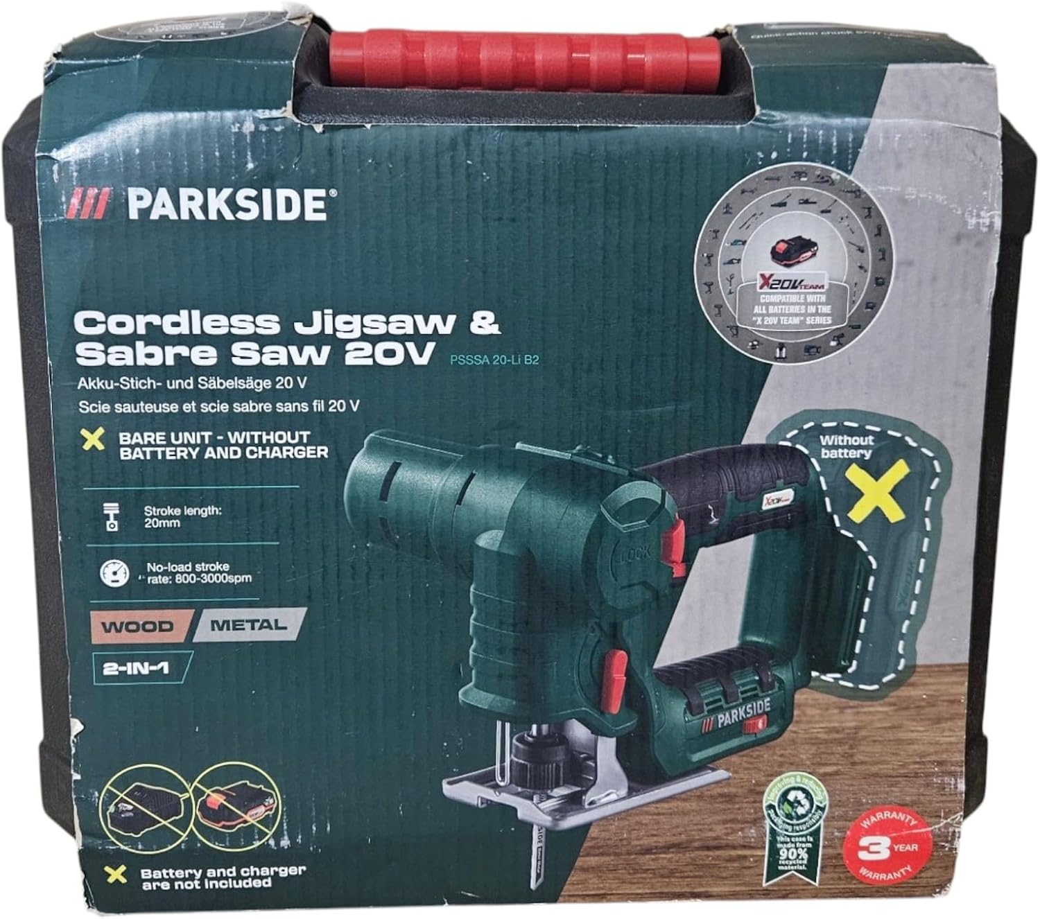 Scie sauteuse sans fil et scie alternative PARKSIDE® PSSA 20-Li A1 X20V (sans batterie ni chargeur, dans une mallette de transport)