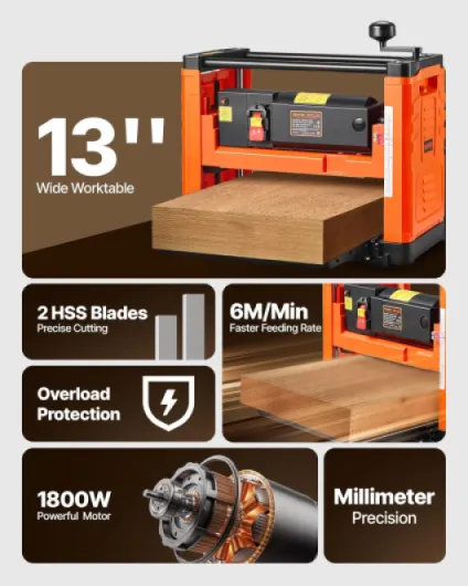 Raboteuse Bois Électrique 2 Lames, Table de Travail Largeur 33 cm, Moteur Puissant 1800 W, 23500 tr/min, Double Rouleau, Protection Contre Surcharges, Vitesse Unique, pour Bois Durs et Tendres 13inch-1800(2 Lames) Orange
