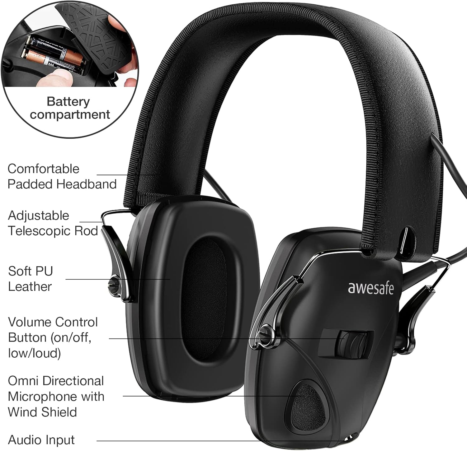 Awesafe Casque de tir antibruit électronique GF01 Réduction du Bruit Maximisation du Son Sécurité Electronique Casque antibruit, Protection Auditive,Idéal pour Le Tir et la Chasse Taille unique, ajustable Noir