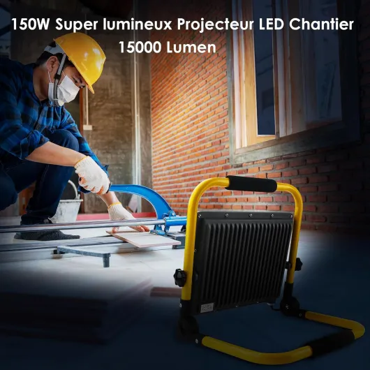 Projecteur LED Chantier 150W - Éclairage de Chantier Puissant et Étanche IP66,Lumière Blanche 6500K, 15000 Lumens avec Prise Schuko et Cordon de 4M - Idéal pour Travaux Intérieurs et Extérieurs