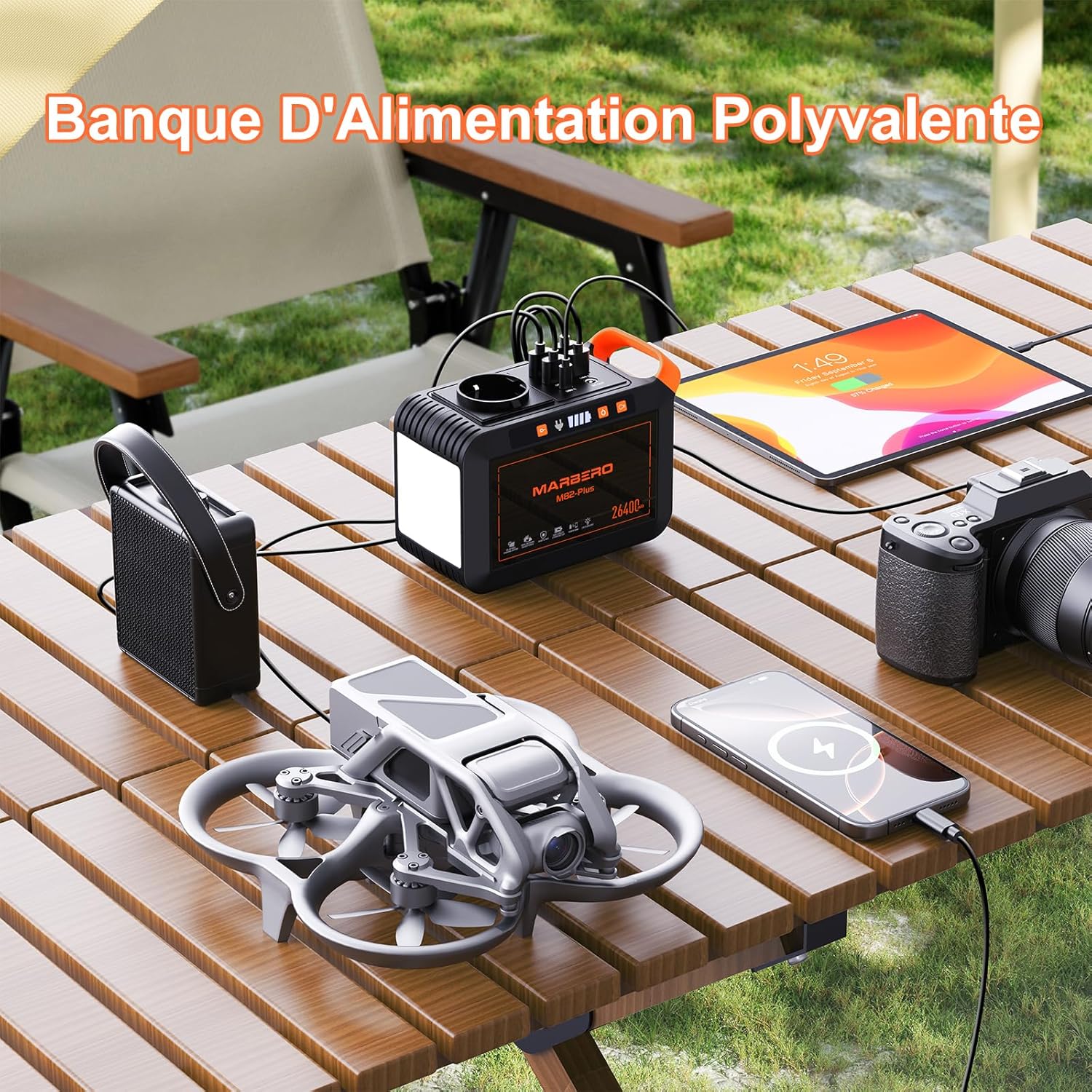 MARBERO Station d'Énergie Portable 26.400mAh Batterie Lithium Bloc d'Alimentation avec Prise AC 120W Générateur Solaire Sorties LED USB DC pour Camping Urgences Plein Air Pique-nique Pêche Voyages Orange Rouge