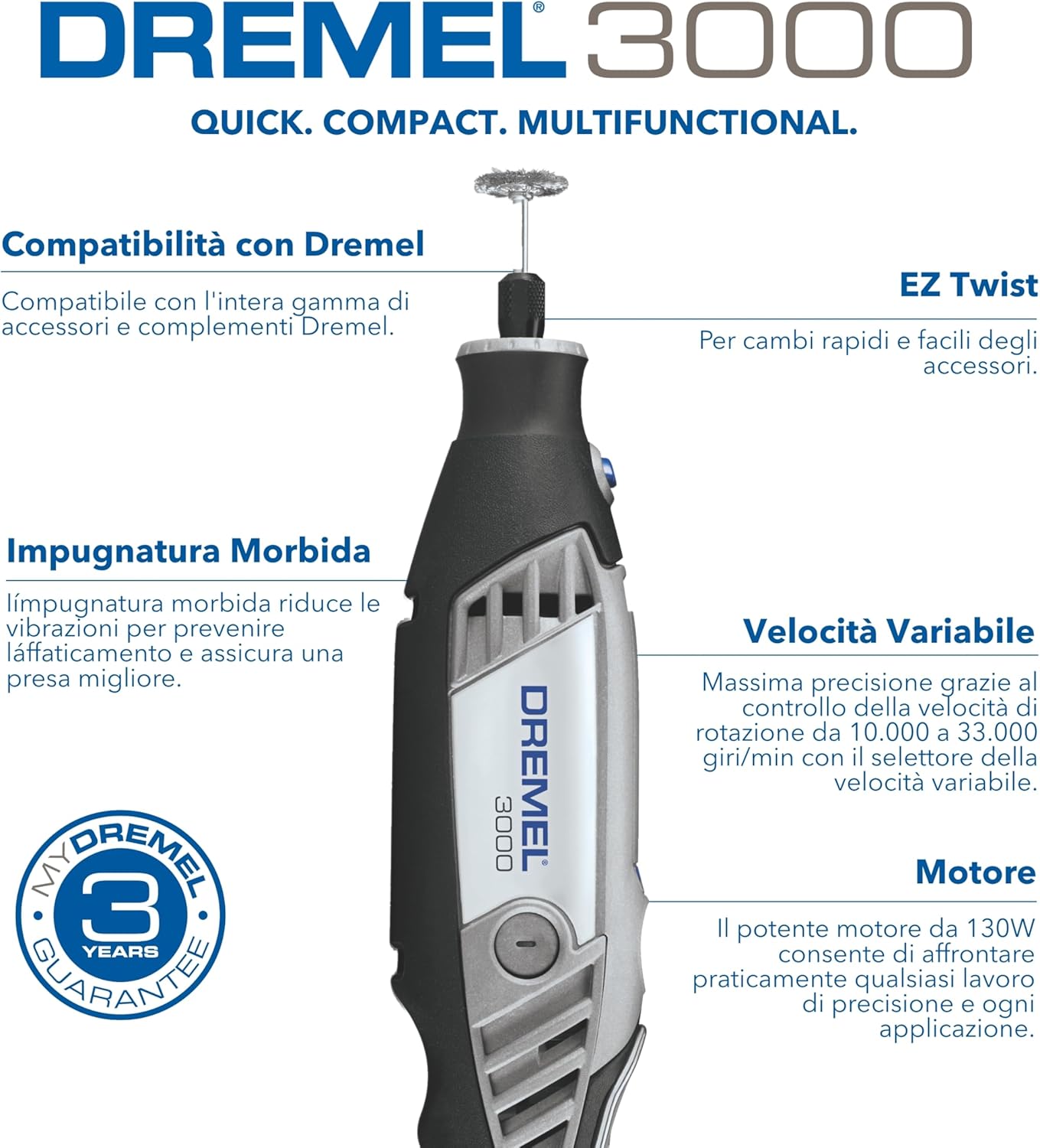 3000 Outil Rotatif Multifonction 130W avec 1 Adaptation 25 Accessoires, Vitesse Variable 10000-33000 tr/min pour Découper, Poncer, Percer, Nettoyer, Sculpter, Polir, Graver, Meuler Dremel 3000 25 Accesoires