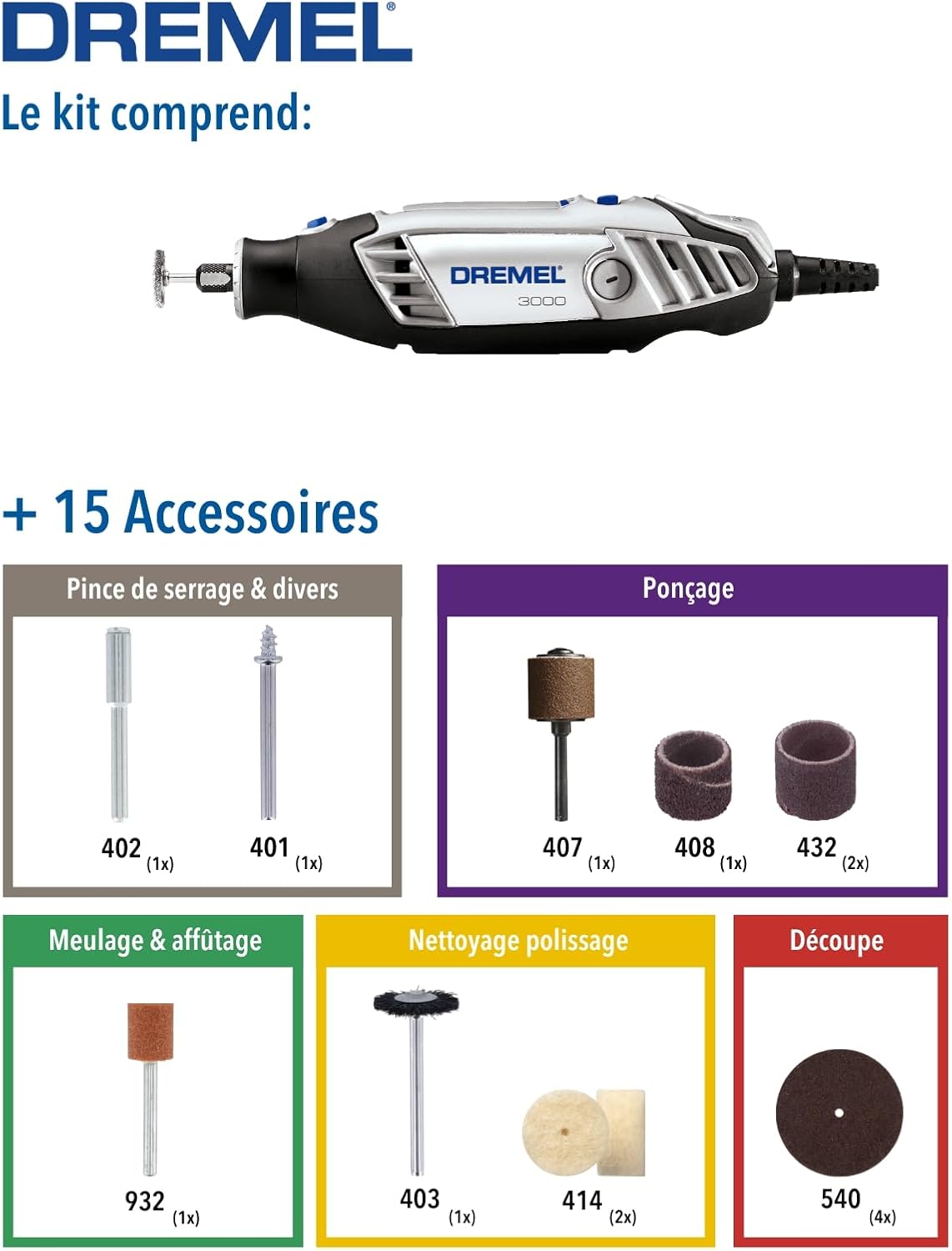 3000 Outil Rotatif Multifonction 130W avec 15 Accessoires et 1 Sac, Vitesse Variable 10000-33000 tr/min pour Découper, Poncer, Percer, Nettoyer, Sculpter, Polir, Graver, Meuler Dremel 3000 15 Accesoires Unique