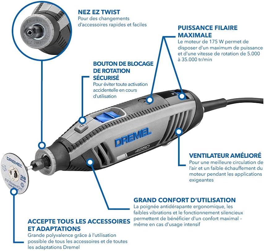 4250 Outil Rotatif Multifonction Version Exclusive Amazon 175W 3 Adaptations 45 Accessoires, Vitesse Variable 5000-35000 tr/min pour Découper, Poncer, Percer, Nettoyer, Sculpter, Polir, Graver Dremel 4250 3 Adaptations 45 Accesoires