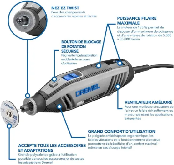 4250 Outil Rotatif Multifonction Version Exclusive Amazon 175W 3 Adaptations 45 Accessoires, Vitesse Variable 5000-35000 tr/min pour Découper, Poncer, Percer, Nettoyer, Sculpter, Polir, Graver Dremel 4250 3 Adaptations 45 Accesoires