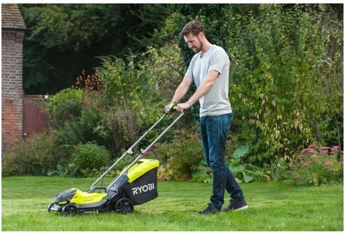 Tondeuse RYOBI 18V One+ RLM18X33B40 avec Batterie 4.0Ah et Chargeur, Coupe-Bordures Offert - Largeur de Coupe 33cm, Bac 35L, Idéale pour Jardins jusqu'à 200m².