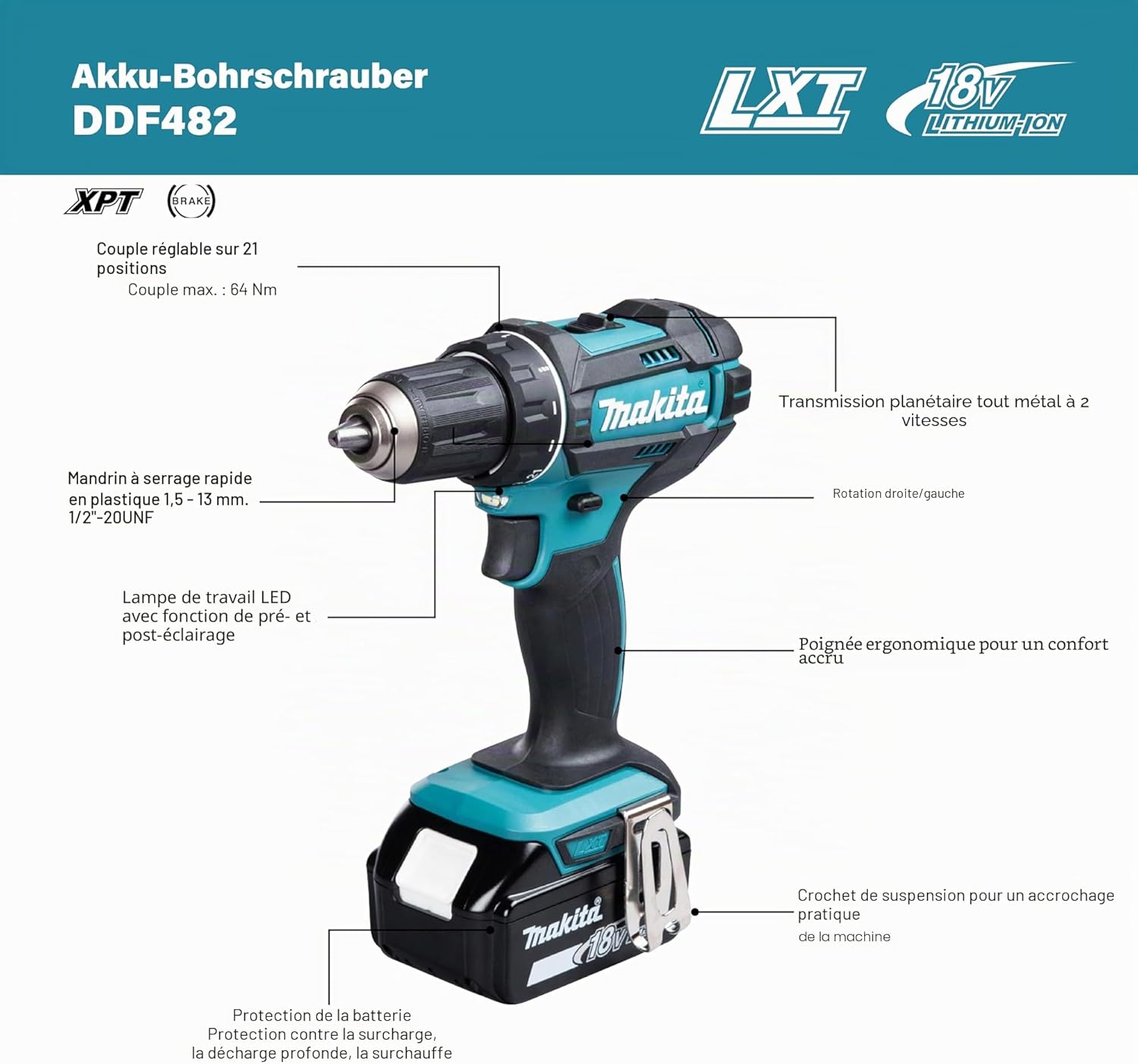 Perceuse visseuse 18V LXT (2x3,0 Ah) en MAKPAC - Makita DDF482RFJ Pistol grip drill