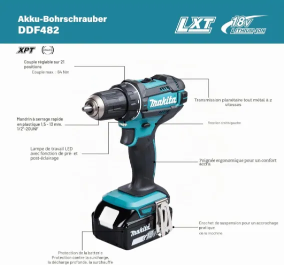 Perceuse visseuse 18V LXT (2x3,0 Ah) en MAKPAC - Makita DDF482RFJ Pistol grip drill