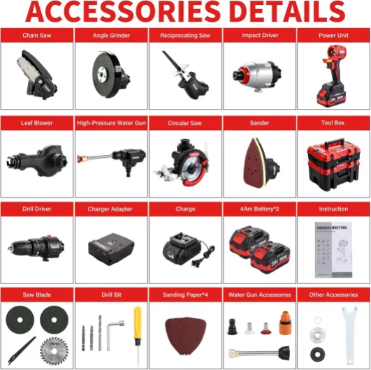 Kit Combiné Sans Fil 20V TEENO, Outil Multi-Fonctionnel Sans fil 11 en 1 Avec étui, Perceuse, Scie Sabre, Scie à Chaîne, Cef à Chocs, Outil Oscillant, Ponceuse Avec Accessoires, 2 * 4.0Ah Batterie Rouge Foncé