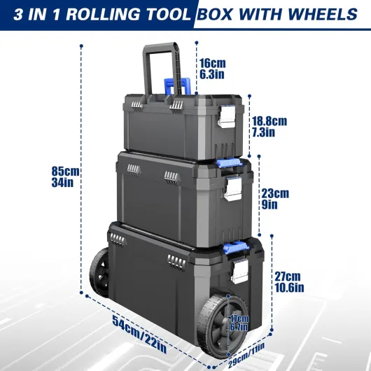 Caisse a Outil Roulante 3 en 1,Boite a Outils Modulaire,Caisse a Outil Vide Empilable,Comprend une Petite Boîte dans la Partie Supérieure,Avec Boîte à Petites Pièces Amovible,17"+19"+21"