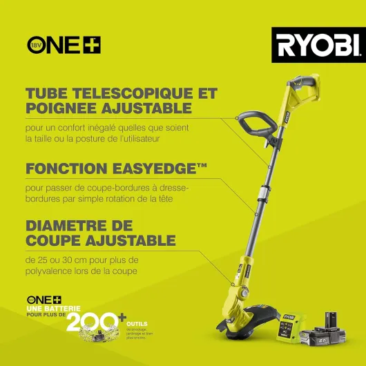 Coupe-Bordures sans Fil 18V One+ RLT1832-20S – Coupe Ø25-30 cm, Batterie 2Ah + Chargeur Inclus Hauteur Télescopique, Mode Dresse-Bordure, Idéal pour Bordures, Massifs et Talus Ø 30 cm 1 x 2Ah