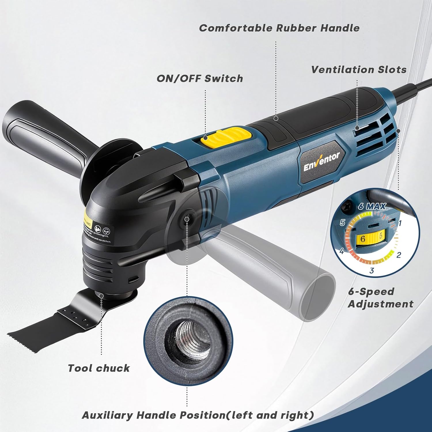 Outil Multifonction Oscillant, 300W, 15000 à 22000 OPM, filaire, 6 vitesses variables, angle d'oscillation de 3°, poignée auxiliaire et 17 accessoires pour couper, poncer et gratter
