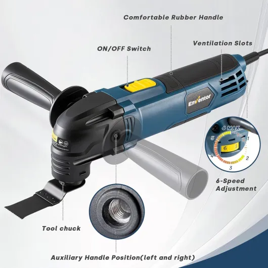 Outil Multifonction Oscillant, 300W, 15000 à 22000 OPM, filaire, 6 vitesses variables, angle d'oscillation de 3°, poignée auxiliaire et 17 accessoires pour couper, poncer et gratter