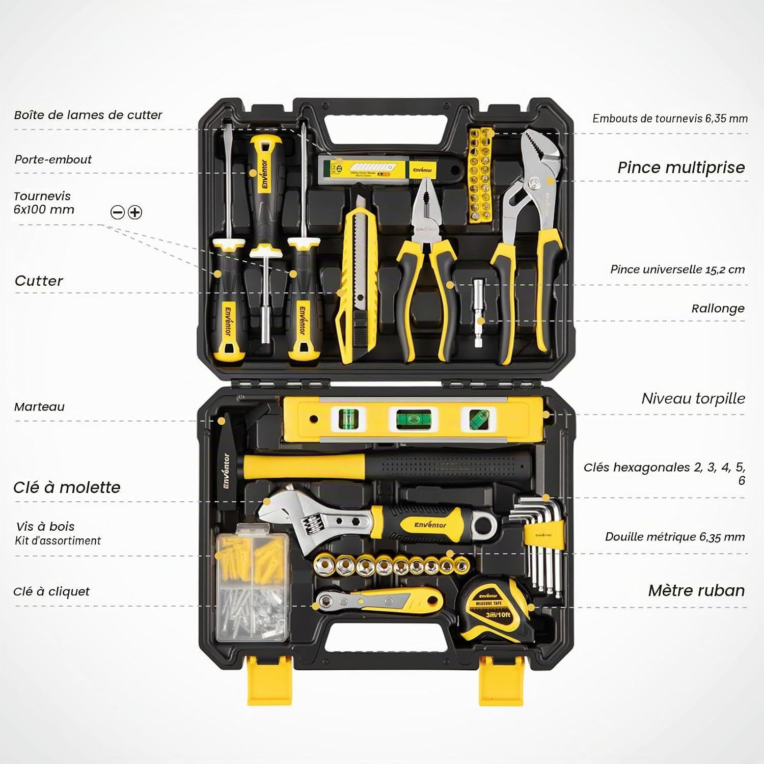 Boîte à Outils, 158 Pièces Malette Outils Complete, Caisse à Outil avec jeu de Tournevis, Marteau, Pinces et clé à Douille à Cliquet, Bricolage, Garage, Boîte à Outils de Voiture 158 PCS-Jaune