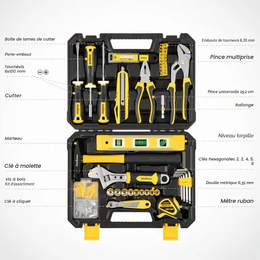 Boîte à Outils, 158 Pièces Malette Outils Complete, Caisse à Outil avec jeu de Tournevis, Marteau, Pinces et clé à Douille à Cliquet, Bricolage, Garage, Boîte à Outils de Voiture 158 PCS-Jaune