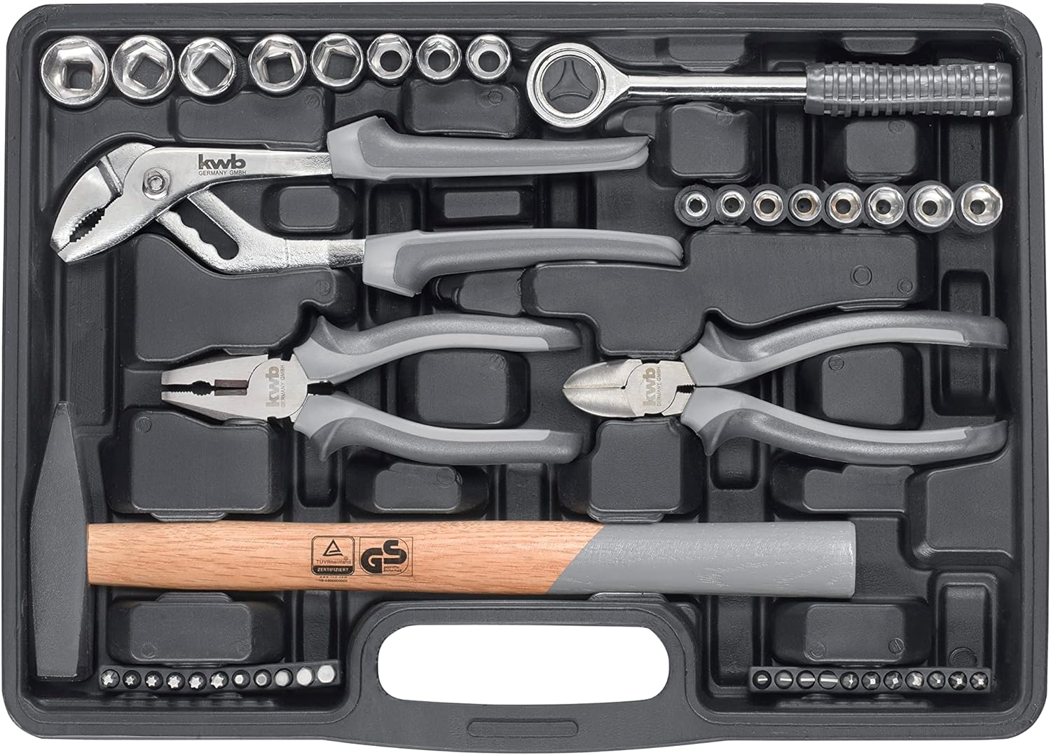 Mallette à outils KWB en plastique dur et robuste de 63 outils de qualité supérieure - Equipement essentiel pour les usages quotidien et/ou d'atelier