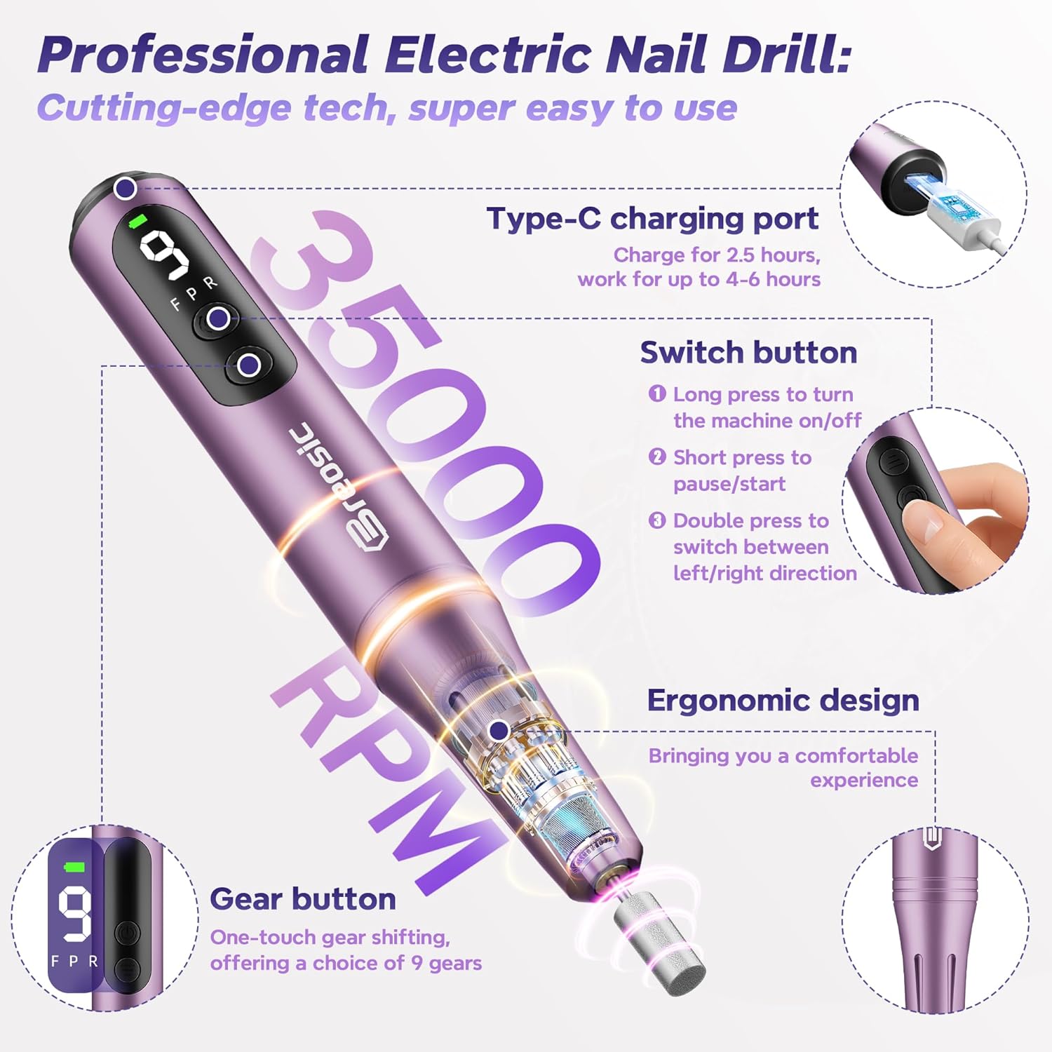 Ponceuse pour Ongles Professionnel 35000 tr/min,Lime a Ongle Electrique Portable,Ponceuse Ongles à 9 Vitesse Réglable pour kit Manucure Pédicure,Avec Lime Ongle Electrique USB-C (Violette)