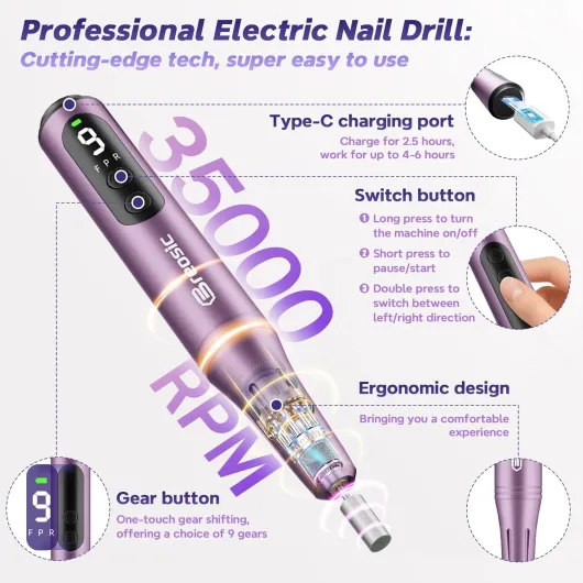 Ponceuse pour Ongles Professionnel 35000 tr/min,Lime a Ongle Electrique Portable,Ponceuse Ongles à 9 Vitesse Réglable pour kit Manucure Pédicure,Avec Lime Ongle Electrique USB-C (Violette)