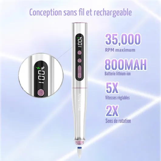 Ponceuse pour Ongles Professionnelle 35000 tr/min, 12 en 1 Lime a Ongle Electrique Sans Fil Avec LED écran Numérique, Kit de Manucure Pédicure Rechargeable Vitesse Réglable DN-2402