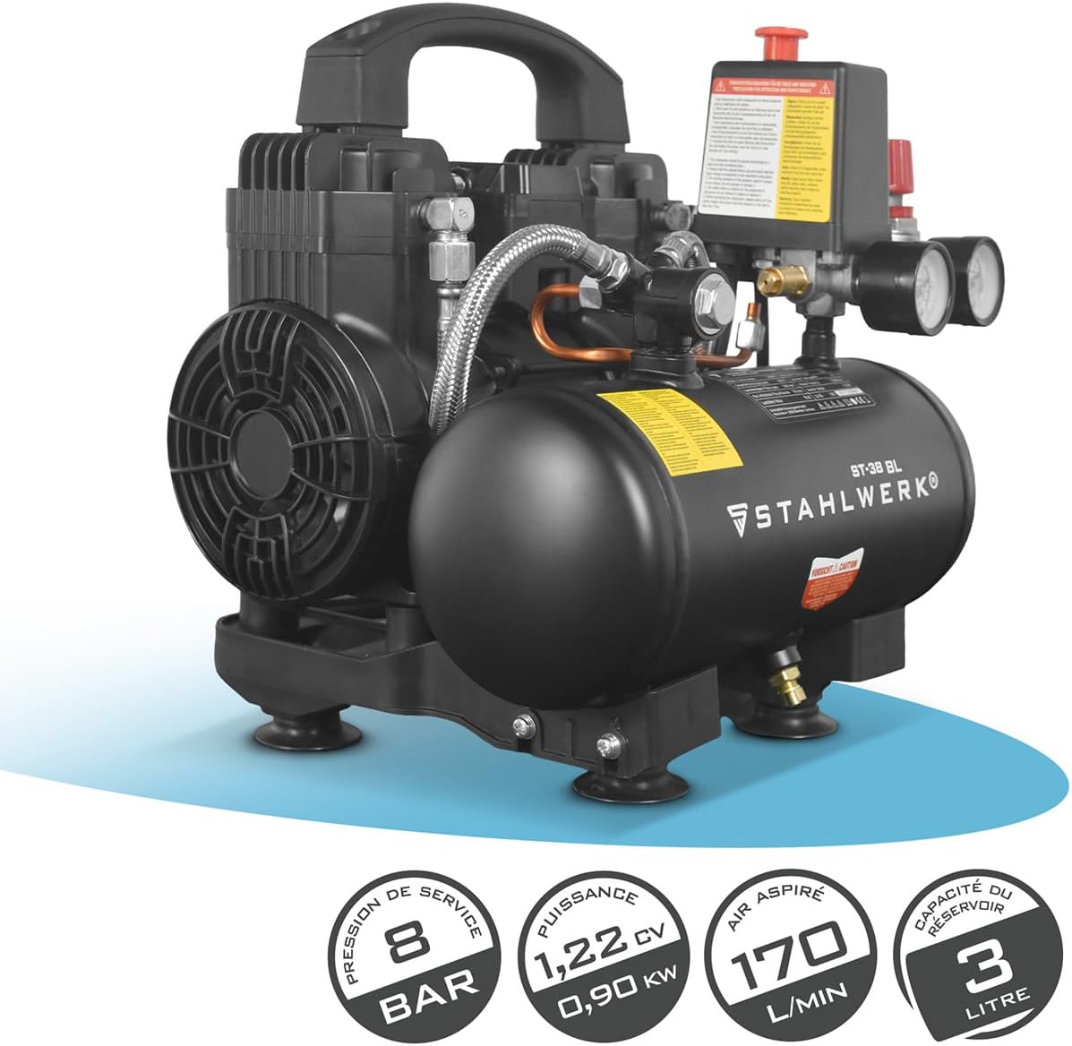 Compresseur avec cuve 3 L (ST-38 BL) – sans huile & silencieux, 8 bar, 1,22 CV, 0,90 kW, 170 l/min, 65 dB, compresseur d'air avec moteurs sans balais, compresseur à pistons silencieux Kit Standard