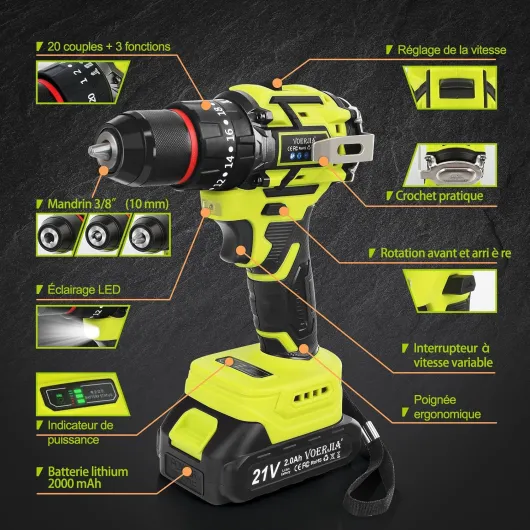 VOERJIA Perceuse Visseuse Sans Fil 21V, Perceuse Percussion Brushless avec 2 Batteries 2000mAh, 65Nm Couple Max, 20+3 Réglages de Couple, 2 Vitesses, LED, Mandrin 10mm, 46 Accessoires et Valise