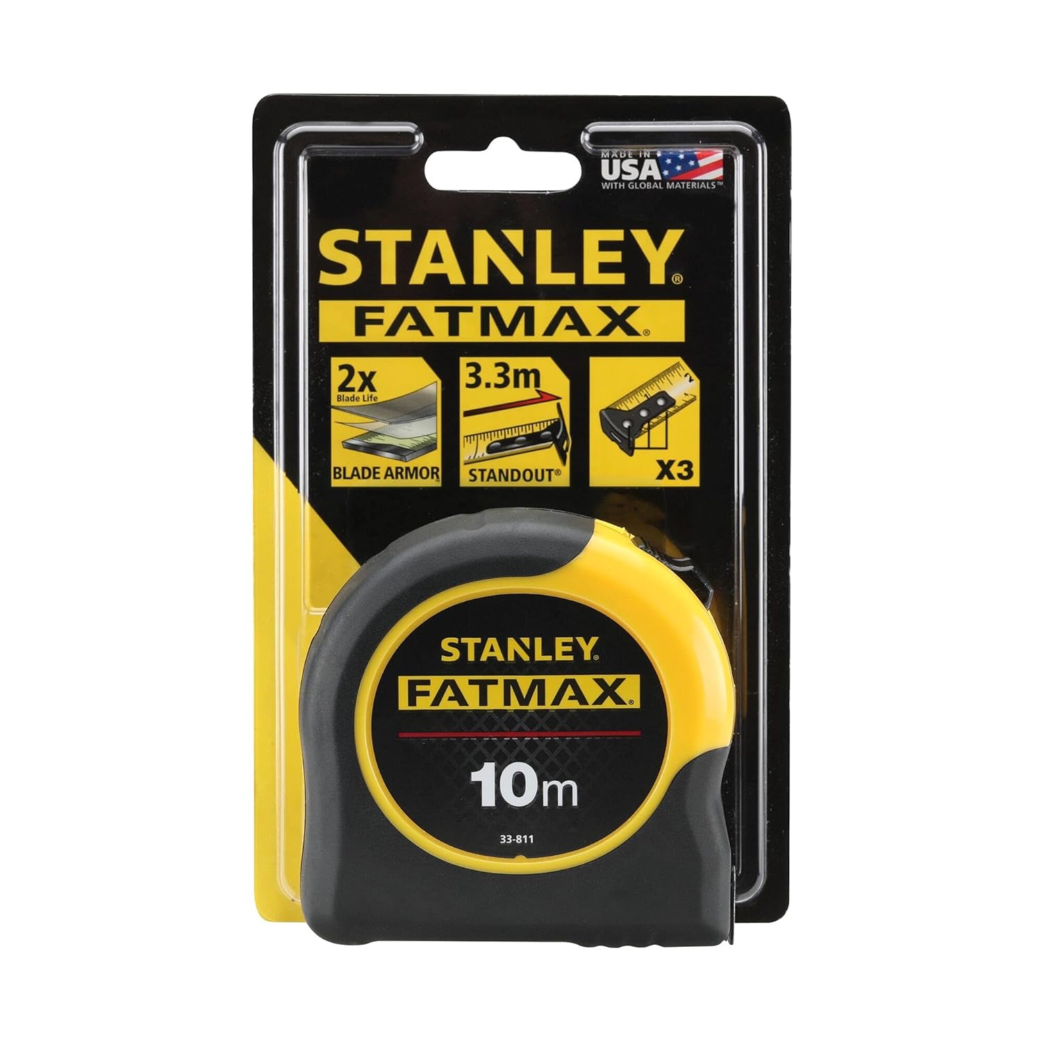 STANLEY Mètre Ruban 10 m - Gamme FATMAX - Boitier Antichoc - Blocage du Ruban - Crochet 3 Rivets Multiprise - Revêtement Blade Armor - Ruban Ultra Épais - Revêtement Mylar - 0-33-811 10 m Simple