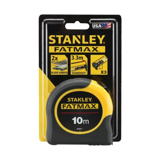 STANLEY Mètre Ruban 10 m - Gamme FATMAX - Boitier Antichoc - Blocage du Ruban - Crochet 3 Rivets Multiprise - Revêtement Blade Armor - Ruban Ultra Épais - Revêtement Mylar - 0-33-811 10 m Simple