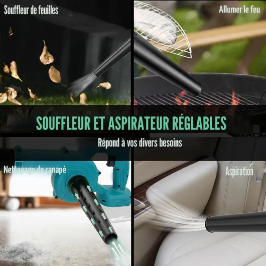 Souffleur de Feuilles sans Fil 18V, Souffleur Jardin Puissant Léger, Livré avec 2 Batteries 3000mAh et Chargeur Complet, Idéal pour Nettoyer Jardin, Terrasse, Allée, Voiture et Espace Intérieur 02