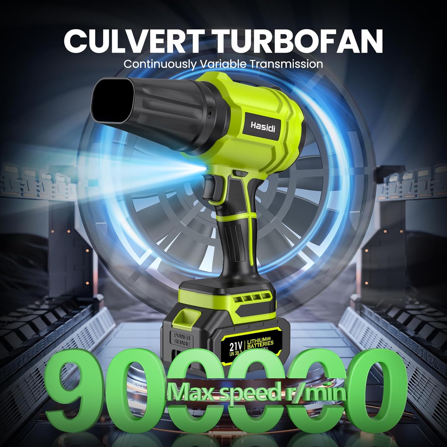 Souffleur de Feuilles sans Fil, 900 000 TR/Min, 2 Batteries, Chargeur et 2 Buses Incluses, pour Jardin, Terrasse, Voiture, Neige et Poussière, Vert