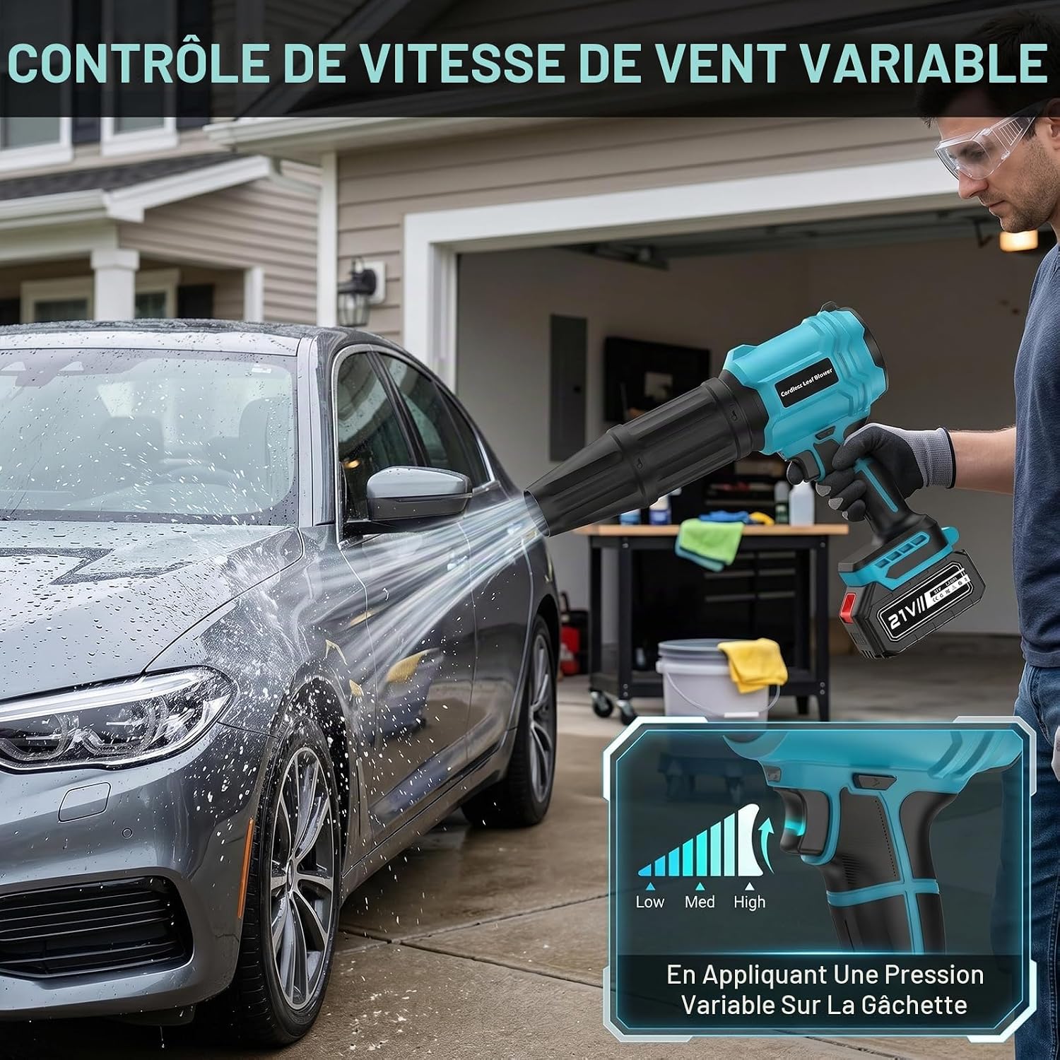 Souffleur Batterie avec 2 Batteries 4,0 Ah, 21V Souffleur de Feuilles sans Fil 65 m/s, Moteur Brushless 800,000 TR/Min, 2 Buses, Réglage Variable, pour Jardin, Terrasse, Voiture (Bleu)