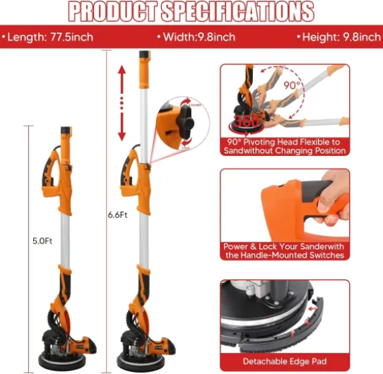 Ponceuse Girafe 1250W, Ponceuse Mur et Plafond à 5 Vitesses Variables 800-1800 tr/min, Manche Téléscopique, Éclairage LED Intégré et Sac de Collecte de Poussière Aspirant