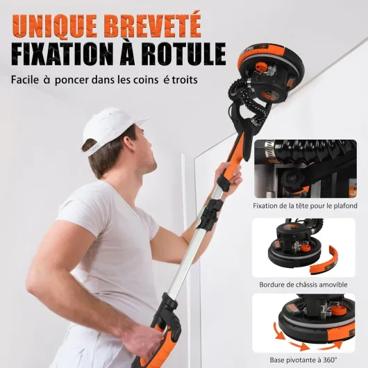 Ponceuse Girafe avec Système d'aspiration Automatique, 750W Professional Ponceuse Plaquiste, 7 vitesses(900-1800rpm),Ponceuse Murale Électrique Pliable, avec lumière LED